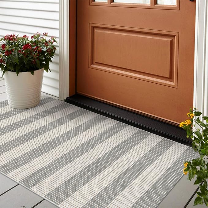 LEEVAN 3x5 Outdoor Rug for Porch, Washable Striped Welcome Front Porch Mat | Outside Entryway Patio Rug, Woven Doormat Grey and White Buffalo Backyard Layered Mat for Entrance/Balcony/Apartment