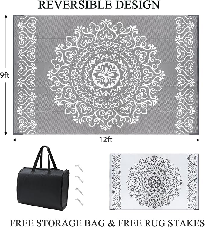 Pauwer Outdoor Rug 9x12, Waterproof Plastic Straw Camping Rug, Floral Grey | Reversible Patio Rug, UV Resistant Indoor Outdoor RV Mat Carpet For Deck, Camper, Porch, Balcony, Backyard, Picnic, Foldable