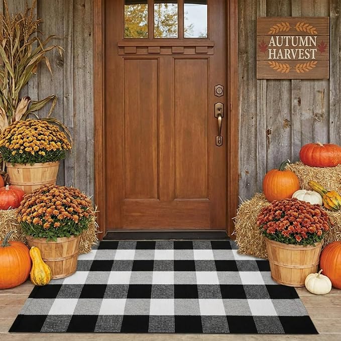 SEEKSEE Buffalo Plaid Outdoor Rug 27.5x43 Black and White Front Door Mat, Layering Rug for Porch, Washable Doormat, Cotton Area Rug for Outdoor Entrance Entryway Patio Porch Decor