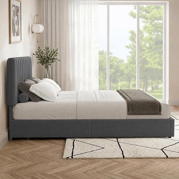 VECELO Full Size Upholstered Bed Frame with 4 Drawers and Headboard, Velvet Platform Storage Bedframe, Wooden Slats Support, No Box Spring Needed,Dark Grey