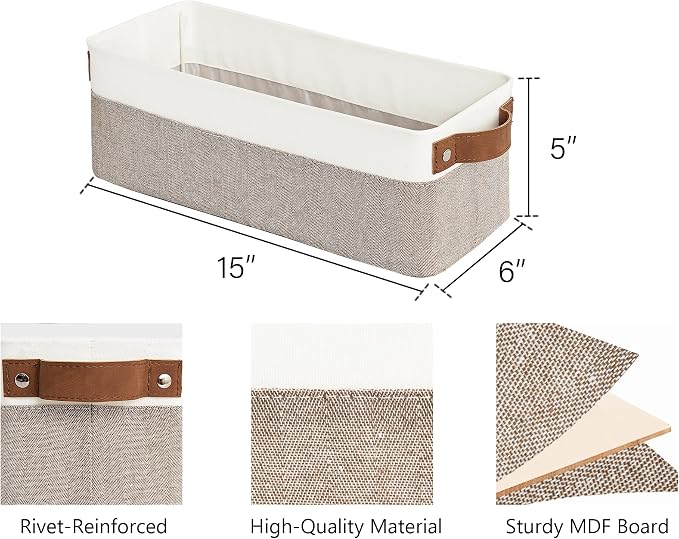 StorageWorks Narrow Storage Bins, Small Baskets for Organizing, Long Storage Basket with Handles, Fabric Storage Bins for Shelf, Brown and White, 2-Pack