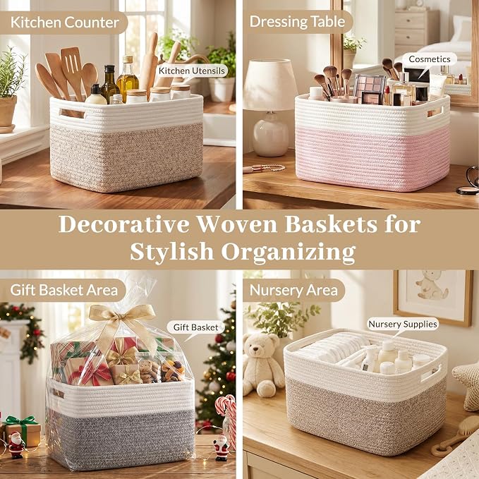OIAHOMY 4 Pack Storage Basket, 13"x9"x7.8" Cotton Rope Baskets for Shelves, Closet Organizer for Bedroom & Living Room, Soft Decorative Bins for Organizing Towels, Books & Toys, Brown & Black
