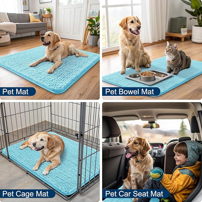 Smiry Dog Door Mat for Muddy Paws 70x35, Absorbent Dirt Trapper, Non-Slip Washable Chenille Entryway Rug for Inside Floor, Sky Blue, Classic Solid