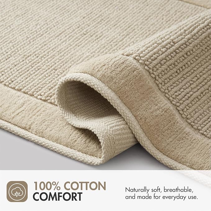 Madison Park Sanctuary 100% Cotton Non-Slip Bath Rug, 20x32 Inch, Natural | Low-Profile Woven Design, Ultra Soft Absorbent & Machine Washable, Ideal for Bathroom Bedroom and Entryway Decor
