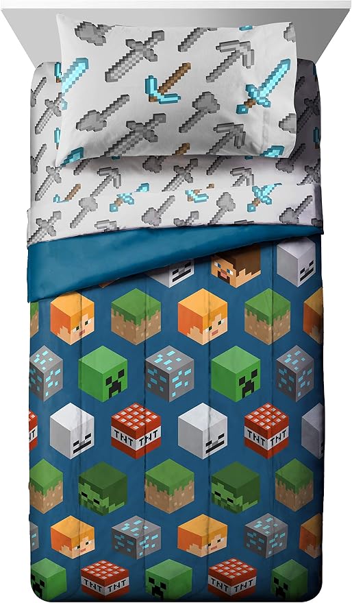 Minecraft Creeper Twin Comforter Set 4 Piece Kids Bedding for Boys, Blue | Zombie Steve, Bed in a Bag, Comforter Sheets Pillowcase, Official Product, Soft Microfiber, Machine Washable, Boys Gift