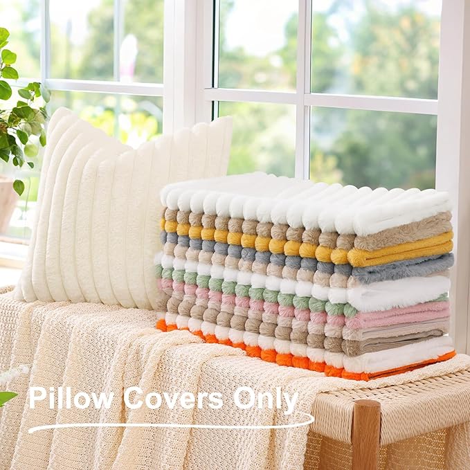 decorUhome Summer Cozy Faux Fur Throw Pillow Covers 18x18 Set of 2 Decorative Soft Plush Striped Modern Farmhouse Boho Couch Pillow Cases with Velvet Back for Sofa Bed Living Room, Mustard Yellow