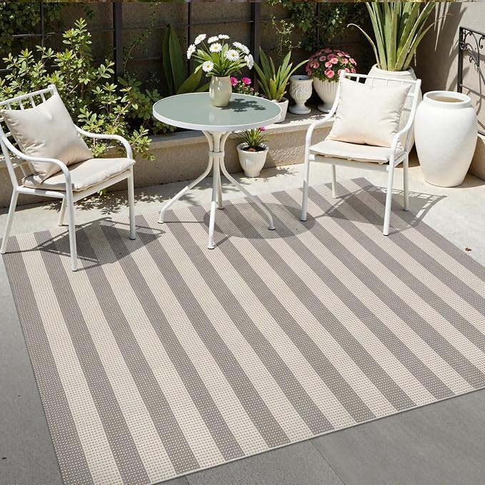 OJIA Outdoor Rug 5'x7' Striped Patio Rug Washable Indoor Outdoor Carpet | Cotton Woven Outside Rug Farmhouse Enrtyway Rug Large Area Rugs for Camping Living Room Bedroom Backyard Gray/White/Tan