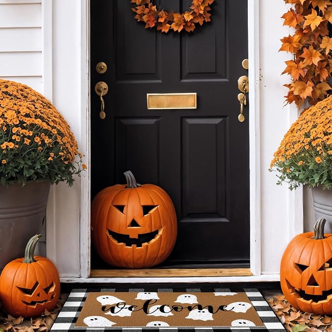 Tinideya 2 Pcs Halloween Layered Doormat Set, Ghost Welcome Mat with Black and White Buffalo Plaid Rug, Farmhouse Front Porch Rugs for Entryway Fall Decor