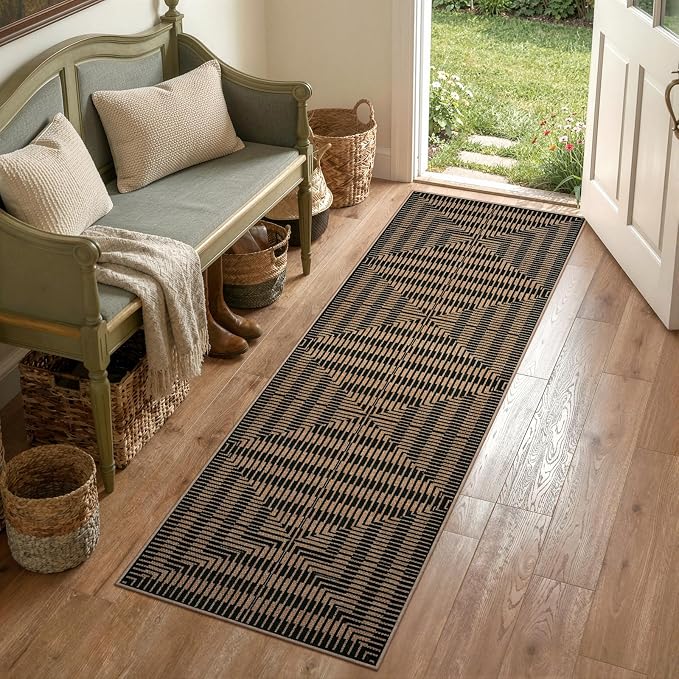 LIVEBOX Easy Jute Indoor Outdoor Runner Rug 2x6, Washable Runners for Hallways Non Slip, Farmhouse Geometric Striped Rugs for Kitchen, Entryway (Black)