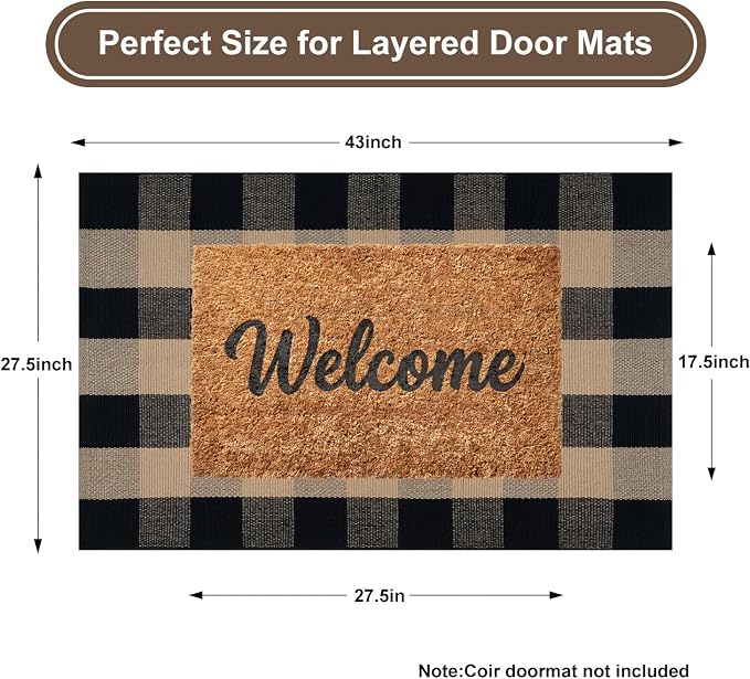 KIMODE Front Door Mat 27.5"x43",Black and Tan Checkered Outdoor Rug,Farmhouse Fall Front Porch Rug Decor,Cotton Woven Washable Layered Doormats for Front Door Outside Entrance
