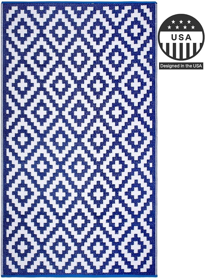 FH Home Outdoor Camping Rug - Waterproof, Fade Resistant, Reversible - Premium Recycled Plastic - Geometric - Large Patio, Deck, Sunroom, RV - Aztec - Blue & White - 9 x 12 ft Foldable