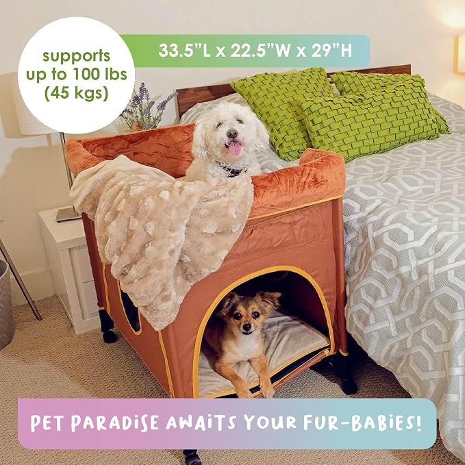 Petique Bedside Lounge Pet Bed, Bunk Bed for Medium Size Pets, Raised Lounge Bed for Cats & Dogs, Lion’s Den Design,Brown, 39.0"L x 22.5"W x 33.5"Th
