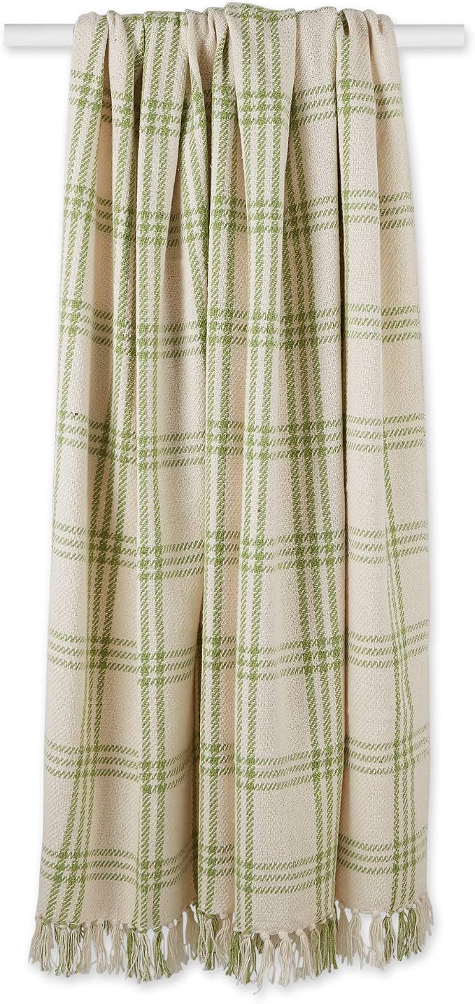 DII Modern Farmhouse Plaid Collection Cotton Fringe Throw Blanket, 50x60, White/Antique Green