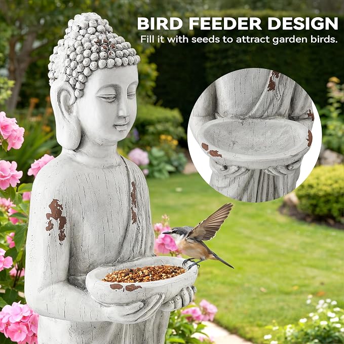 Extra-Large Buddha Statue Outdoor, 42 in Asian Decor with Birdfeeder | Zen Garden Sculpture for Indoor, Patio, Yard or Porch, Durable Weatherproof Magnesium Oxide Stone
