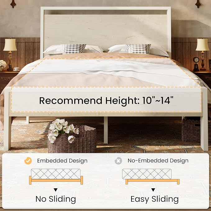 SHA CERLIN 14 Inch Full Metal Platform Bed Frame with Wooden Headboard and Footboard, No Box Spring Needed, Large Under Bed Storage, Heavy Duty Slats Support, White Washed Oak