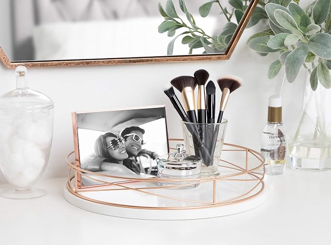 Kate and Laurel Mendel 14 Inch Round Tray with Decorative Metal Rim, White and Rose Gold
