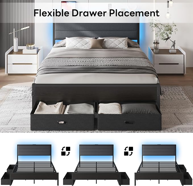 LIKIMIO Queen Size Bed Frame with 2 Storage Drawers, Upholstered Headboard | Queen Platform Bed Frame with Charging Station & LED Lights, Modern Style, Noise Free, No Box Spring Needed, Black and Grey
