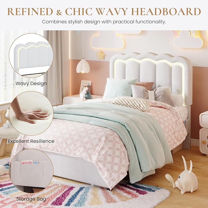 SHA CERLIN Twin Size Bed Frame with LED Lights and Storage Drawer, White | Upholstered Velvet Platform Bed with Adjuatable Wavy Headboard, Noise-Free, Easy Assembly,No Box Spring Needed