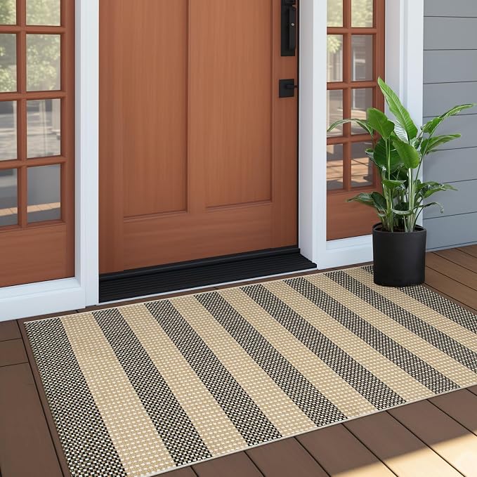 OJIA Front Door Rug 24"x51" Outdoor Doormat Washable Door Mats Porch Rug | Front Door Mat Outside Entrance Tan Woven Striped Outdoor Mat Entryway Rugs Indoor Small Area Rug for Kitchen Entry Bathroom