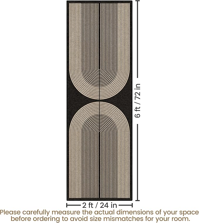 Washable Rainbow Easy Jute Runner Rug 2x6, Black Neutral Modern Boho Geometric Outdoor Indoor Patio Rug, Woven Non Slip Thin Long Runner Carpet Mat for Hallway Kitchen Entryway Porch Farmhouse