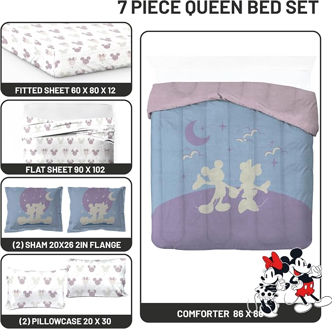 Disney Mickey and Minnie Mouse Queen Comforter Set 7 Piece Bedding, Grey | Bed in a Bag, Comforter Sheets Shams Pillowcases, Official Product, Soft Microfiber, Machine Washable, Kids Gift