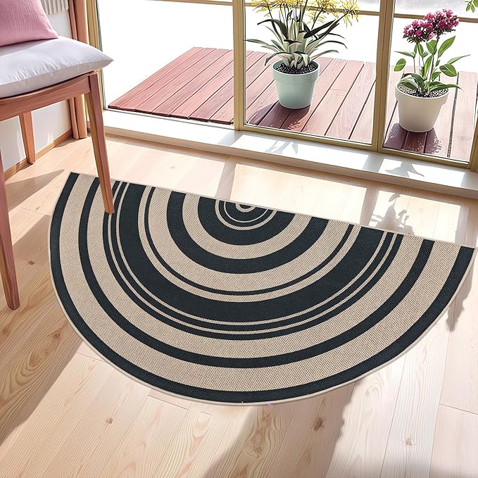 Easy Jute Rug 2.6x5Ft Half Round Rainbow Carpet for Farmhouse Bedroom Entrance, Non-Slip Half Circle Thin Neutral Floor Mat for Living Room Patio Kids Room Kitchen, Indoor Outdoor, Black 1