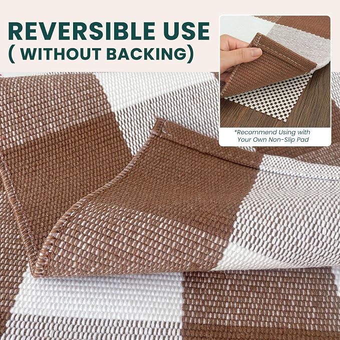 KOZYFLY Buffalo Plaid Area Rugs 2.3x3.6 Ft Brown and White Rug Washable Front Door Mat Woven Cotton Indoor Outdoor Rug for Front Porch Kitchen Entryway Patio Farmhouse Checkered Doormat