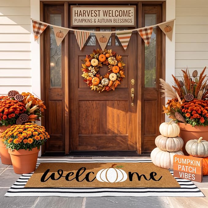 Moucuny 2 Pcs Fall Coir Doormat Set 16"x47" Pumpkin Coir Welcome Mat with 22"x56" Black White Striped Layered Rug, Non-Slip Fall Outdoor Entrance Mats for Thanksgiving Autumn Front Door Porch Decor