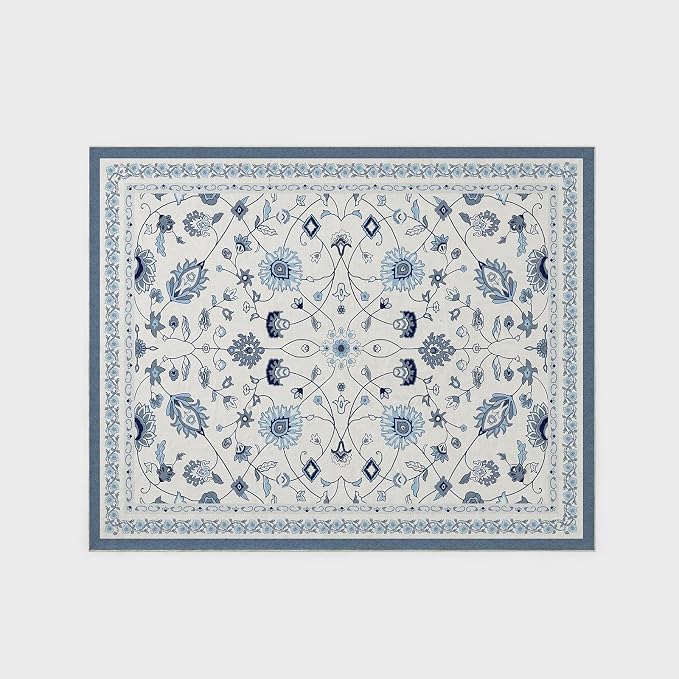 EVERGRACE Area Rugs for Living Room 8x10, Boho Floral Faux Wool Indoor Outdoor Rugs, Washable Rugs for Bedroom Dining Room Entryway Kitchen, Low Pile Floor Mat Carpet for Home Decor, Porcelain Blue
