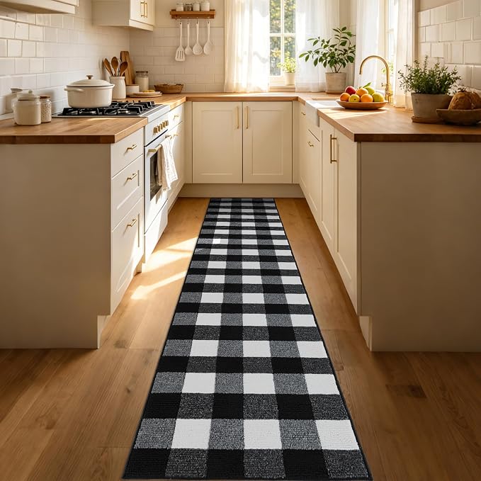 FONEYI Buffalo Plaid Outdoor Rug for Front Door Mats, 2'x10' Black and White Checkered Layered Door Mat with Non Slip Backing, Washable Entryway Rug for Porch, Front Porch and Farmhouse Decor