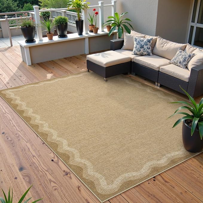LIVEBOX Scalloped Washable Outdoor 5x7 Rug, Easy Jute Tan Rug for Living Room, Indoor Geometric Rug for Bedroom, Farmhouse Rugs Dining Room Mat Modern Carpet Area Rug for Patio Home Office Decor