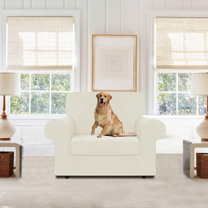 WEERRW Stretch Chair Sofa Slipcover - 2 Pieces Luxury Soft Plush Couch Cover Furniture Protector with Elastic Bottom for Pets, Machine Washable, Ivory, Small