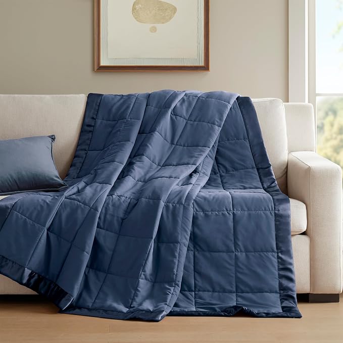 Madison Park Down Alternative King Size Blanket for Bed, Satin Trim, Navy | Lightweight Windom Blanket Premium 3M Scotchgard Moisture Wicking Treatment, OEKO TEX, Soft Bed Cover, All Season