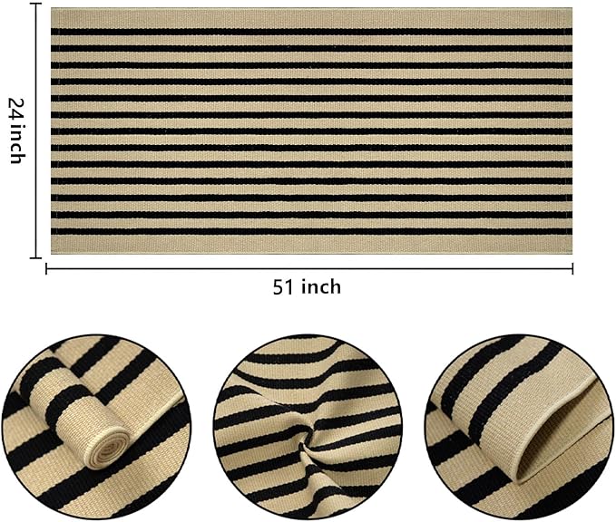 Black and Khaki Outdoor Rug 2'x4',Striped Front Porch Rug Washable Front Door Mat Entryway Throw Rug for Front Porch Indoor Outdoor Doormat
