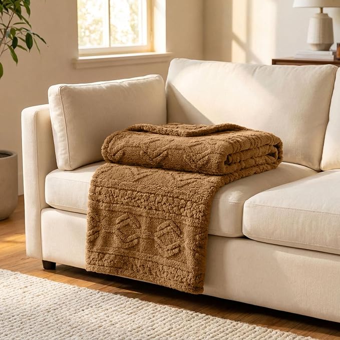 SUPERIOR Fleece Boho Jacquard Blanket, Decorative Blankets for Bedroom, Sofa, Fuzzy, Plush, Fluffy, Soft, Cute Room Decor, Beautiful Cover, Comfort Essentials, Arctic Collection, Throw XL, Camel