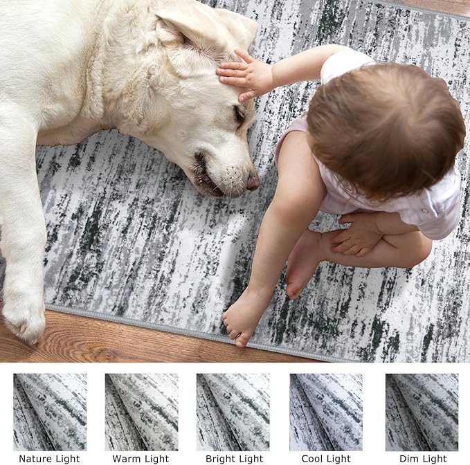 Lansny Modern Abstract 4x6 Living Room Washable Rug Non-Slip Soft Bedroom Area Rug Black Grey White Thin Print Faux Wool Floor Carpet Throw Rugs for Nursery Playroom Dining Room Indoor Home Decor