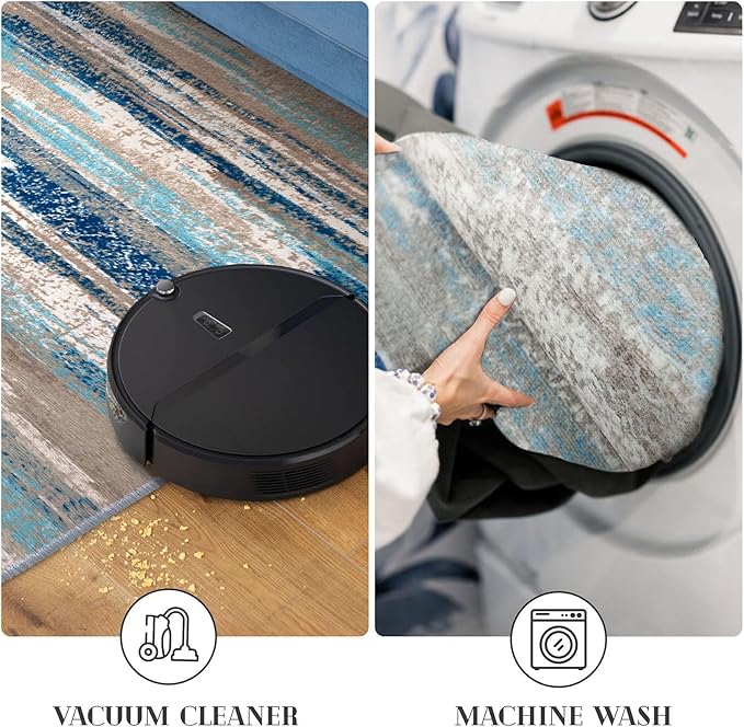 Lansny Modern Abstract Runner Rug 2x10, Blue Washable Long Kitchen Non-Slip Soft Hallway Thin Print Faux Wool Carpet for Entryway Bedroom Laundry Room Indoor Home Decor