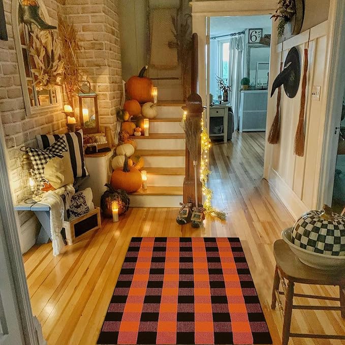 Bottalive Buffalo Plaid Outdoor Rugs, 3'x5' Orange and Black Checkered Indoor/Outdoor Area Rug, Layering Rug for Hello/Welcome Door Mat, Washable Cotton Woven Farmhouse Mat for Fall Front Porch Décor