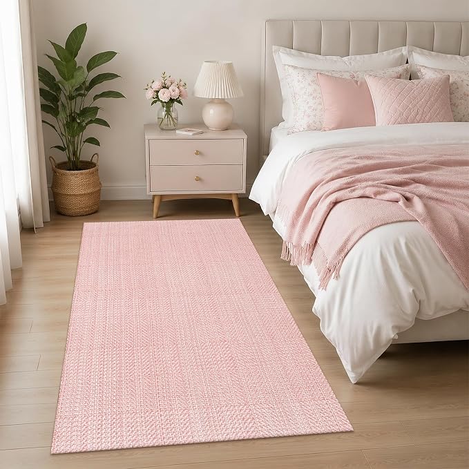 Rugalia Pink Woven Entryway Rug 3x5, Washable Cotton Indoor Outdoor Doormat Low Plie Non-Slip Kitchen Mat, Modern Farmhouse Natural Floor Carpet for Porch Living Room Bedroom Patio