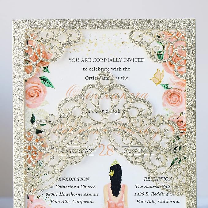 Hosmsua 50PCS 5.1x7.3 Inch Blank Champagne Glitter Quinceanera Invitations Kit Laser Cut Floral Crown Pocket Quinceanera Invitation Cards with Envelopes for Birthday Bridal Shower Quince Invite