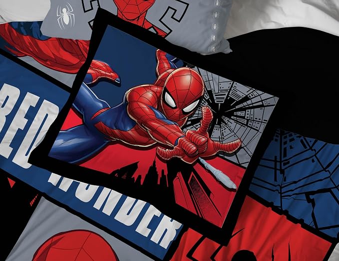 Marvel Spiderman Twin Comforter Set 5 Piece Kids Bedding for Boys, Multi | Bed in a Bag, Comforter Sheets Sham Pillowcase, Official Product, Soft Microfiber, Machine Washable, Easy Care, Boys Gift