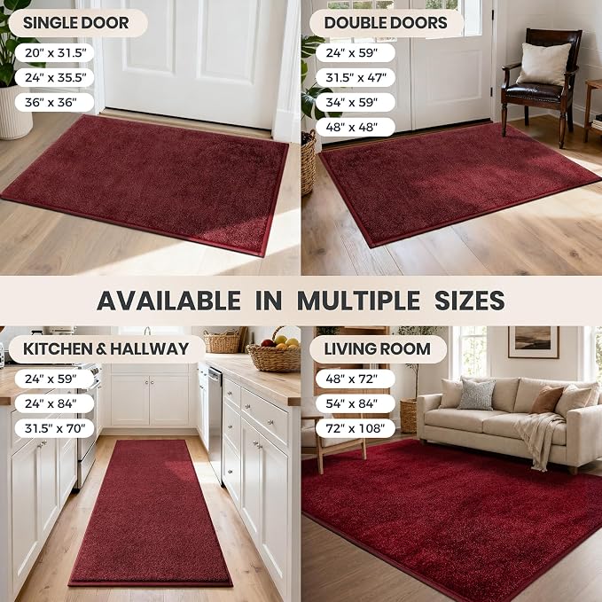 PURRUGS Dirt Trapping Door Mat 24" x 59", Non-Slip Machine Washable Entryway Rug, Dog Doormat, Indoor Front Door Mat, Super Absorbent Entry Rug for Muddy Shoes & Paws, Burgundy Red