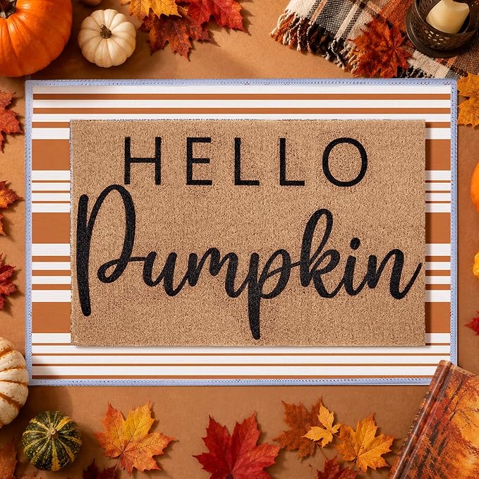 2pcs Fall Hello Pumpkin Doormats Layered Autumn Front Porch Welcome Mat and Striped Crystal Velvet Layering Rug Non Slip Outdoor Entryway Flooring Decor for Thanksgiving
