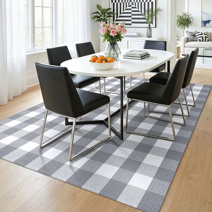 KOZYFLY Buffalo Plaid Area Rug 5x7 Living Room Rug Washable Cotton Gray and White Checkered Rugs Outdoor Carpet for Dining Room Bedroom Farmhouse Patio Rugs