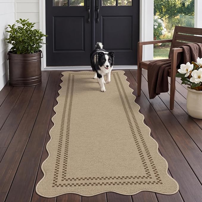 Tribesigns Scalloped Easy Jute 2x6 Hallway Runner Rug Non Slip, Tan/Checkered Kitchen Runner Rugs Non Skid Washable, Geometric Indoor Outdoor Carpet for Laundry Porch Entryway