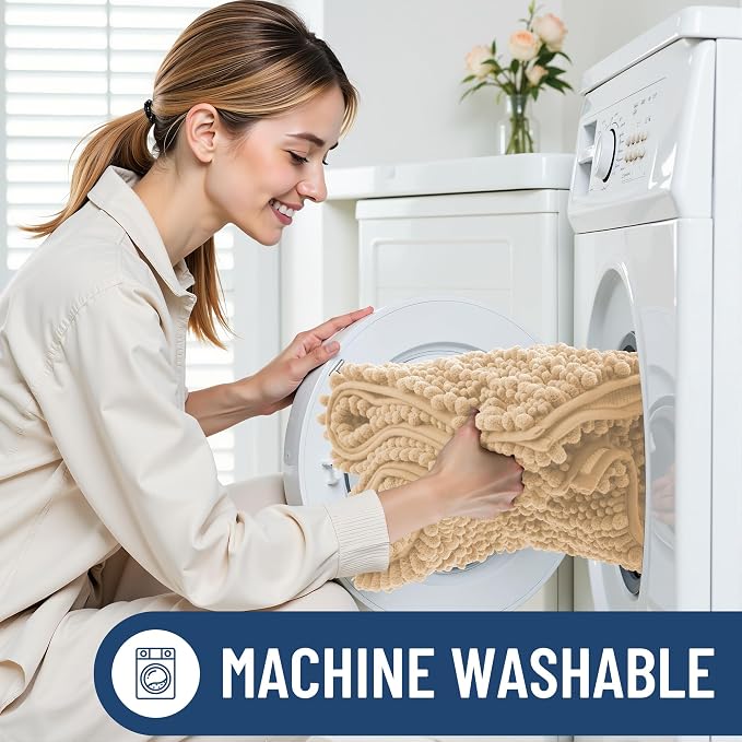 Smiry Dog Door Mat for Muddy Paws 47x24, Absorbent Dirt Trapper, Non-Slip Washable Chenille Entryway Rug for Inside Floor, Beige, Layered Pattern