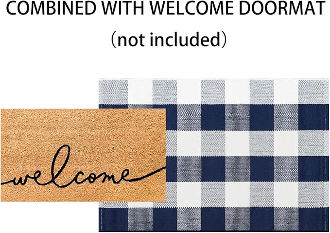 Blue and White Front Door Mat 24''X35'' Buffalo Plaid Checked Front Porch Rug Cotton Woven Washable Rug Layering Doormat for Welcome Door Mat Entryway Dining Room Bedroom Living Room