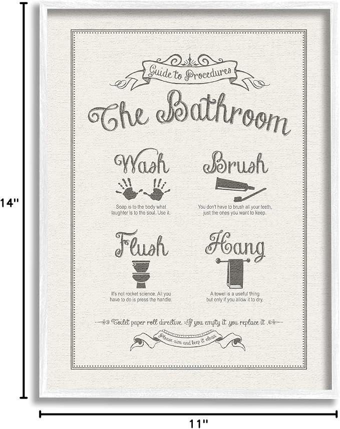 Stupell Industries 'Guide to Bathroom Procedures Linen Look', Framed Giclee Art, White, 11 x 14 Inches, Easy to Hang and Sturdy, Made in USA, by Lettered and Lined