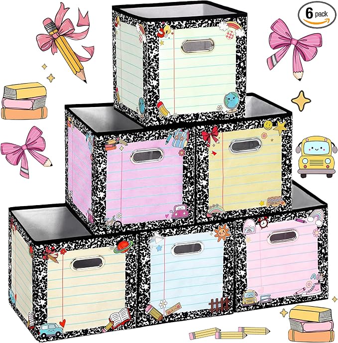 Gerrii 6 Pack 11 Inch Composition Notebook Fabric Classroom Storage Bins Pastel Foldable Cube Storage Bins Organizing Baskets with Handles for Back to School Daycare Elementary Preschool Decor