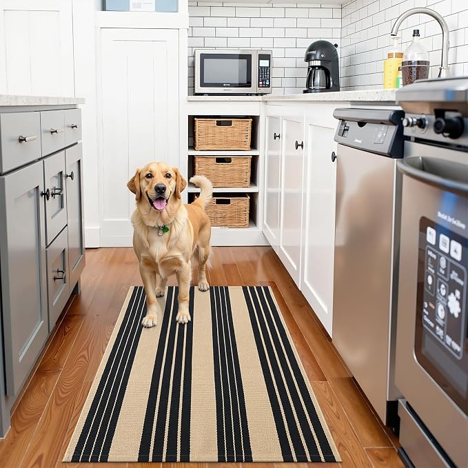 OLANLY Brown and Black Classic Striped Rug 2'4" x 3'7" (27.5" x 43") – Washable Cotton Indoor Outdoor Doormat for Front Door, Entryway, Kitchen, Porch, Patio Decor